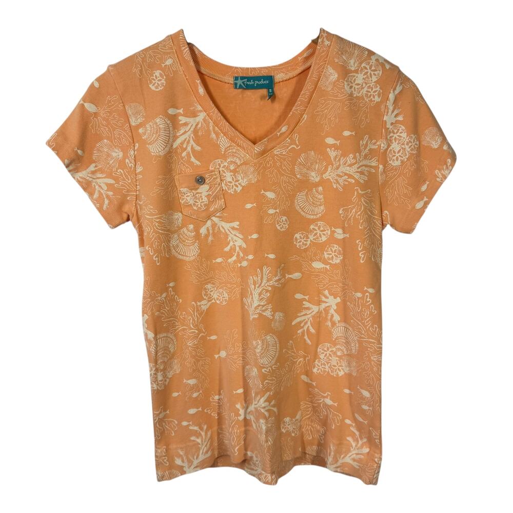 Fresh Produce Top Women S Orange Tshirt Seashell Coastal Spring Summer Novelty